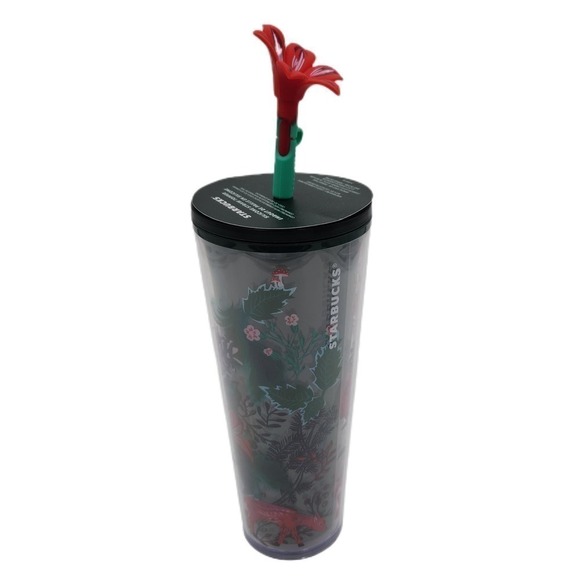 Holiday Starbucks Enchanted Forest Venti Tumbler Green Red Flower Straw Topper - Picture 1 of 7